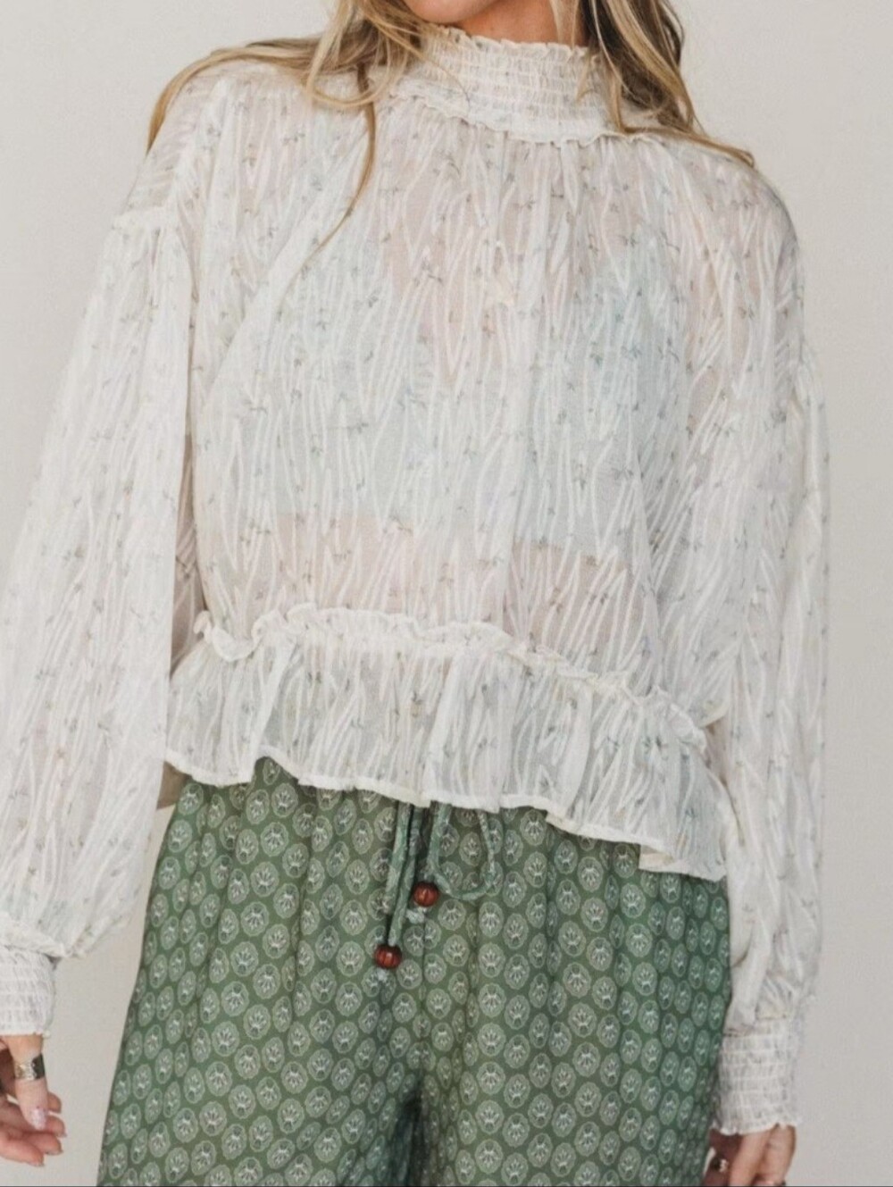 Time Is Now- Cream Smocked Neck Ruffle Blouse